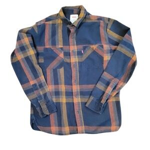 Levis Mens Plaid Flannel‎ Button Down Shirt Navy Blue Orange Gold Size M
